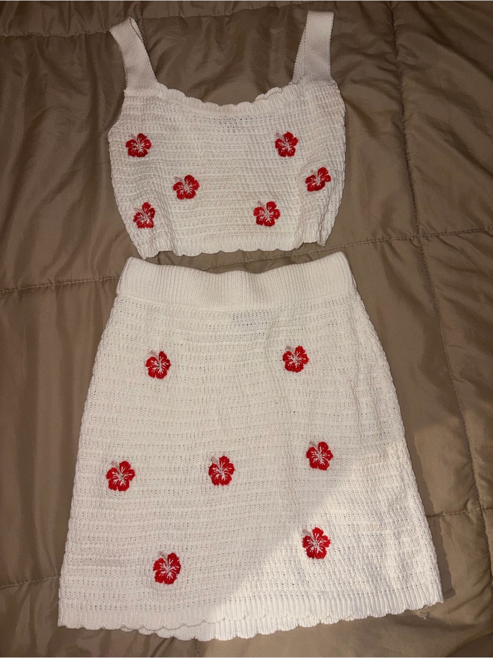 Wild Fable White Crochet Two-Piece Skirt Set with Red Floral Embroidery